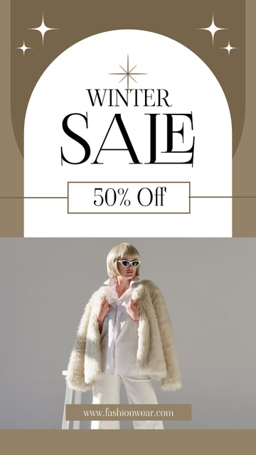 Winter Sale Announcement with Stylish Blonde in Fur Coat Instagram Story tervezősablon