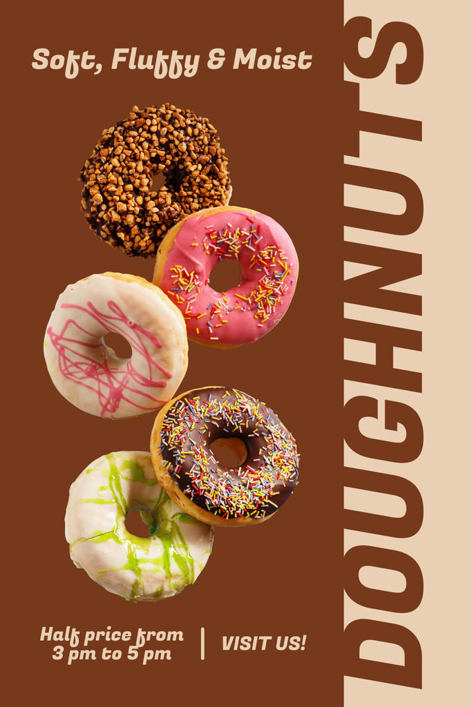 Doughnut Shop Promo with Various Donuts in Brown Pinterest Design Template