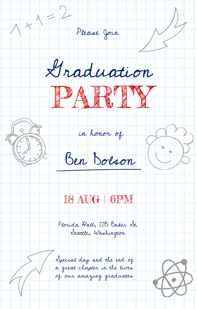 Platilla de diseño Graduation Party Announcement with Doodles Invitation 4.6x7.2in