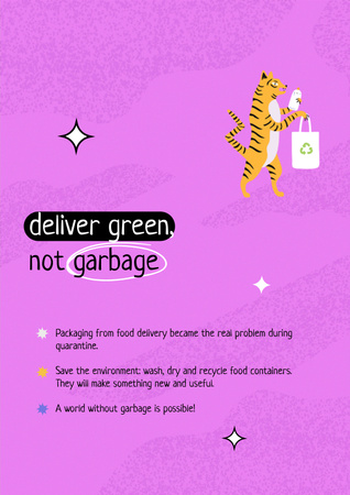 Waste Recycling Motivation with Cute Tiger holding Eco Bag Poster Design Template