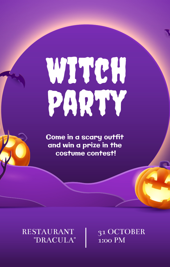 Designvorlage Halloween Witch Party Announcement With Glowing Pumpkins für Invitation 4.6x7.2in