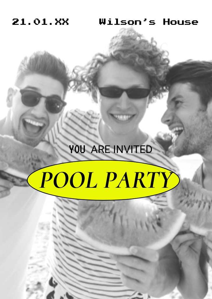 Plantilla de diseño de Pool Party Announcement with Young Cheerful Guys Flyer A6 