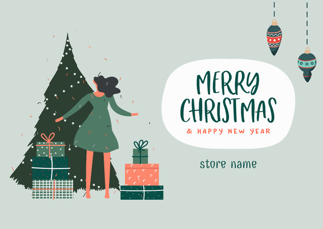 Christmas and New Year Greetings with Girl and Tree Postcard Design Template