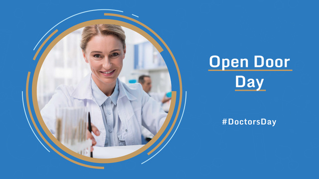 Doctor's Day Event Announcement with Smiling Female Doctor FB event cover Tasarım Şablonu