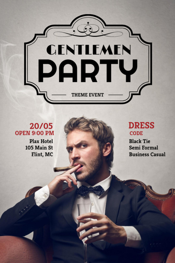 Designvorlage Gentlemen Party Invitation with Handsome Man für Flyer 4x6in