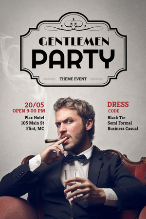 Platilla de diseño Gentlemen Party Invitation with Handsome Man in Suit with Cigar Flyer 4x6in
