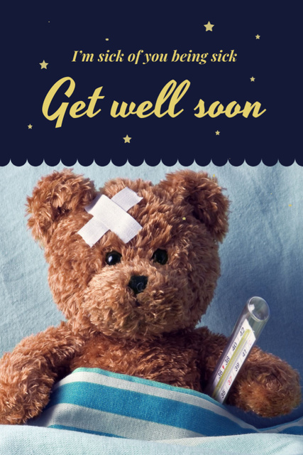 Cute Teddy Bear With Thermometer And Patch Postcard 4x6in Vertical Πρότυπο σχεδίασης
