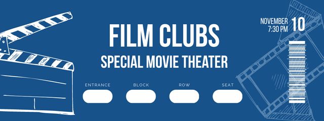 Ontwerpsjabloon van Ticket van Special Offer for Cinema Club on Blue