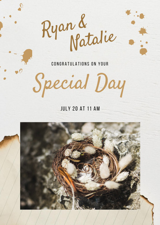 Designvorlage Hochzeitsgruß mit goldenen Verlobungsringen im Nest für Postcard 5x7in Vertical
