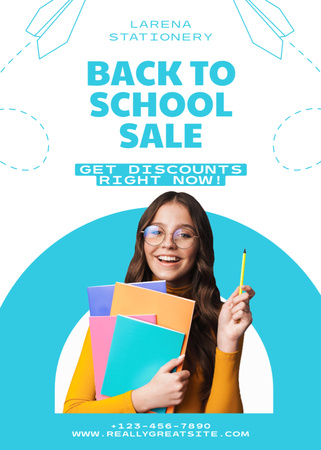 Ontwerpsjabloon van Flayer van Aankondiging schoolverkoop met schoolmeisje met kleurrijke notitieboekjes