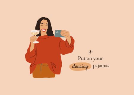 Pajamas Party with Woman making Selfie with Wine Card Design Template