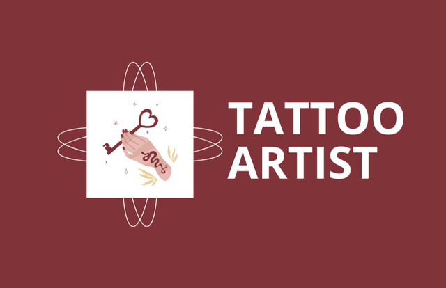 Tattoo Artist Service Promotion With Key And Hand Business Card 85x55mm Πρότυπο σχεδίασης