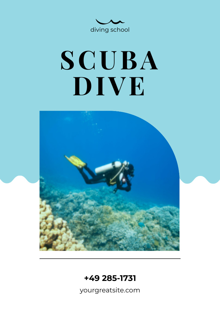 Ontwerpsjabloon van Postcard A6 Vertical van Scuba Dive School on Blue with Man floating Underwater
