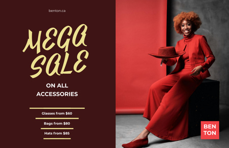Template di design Mega saldi sugli accessori con bella donna in rosso Flyer 5.5x8.5in Horizontal