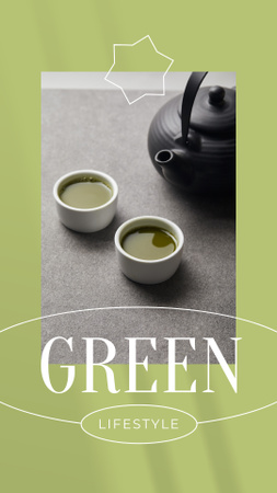 Designvorlage grünes lifestyle-konzept mit tee im becher für Instagram Story
