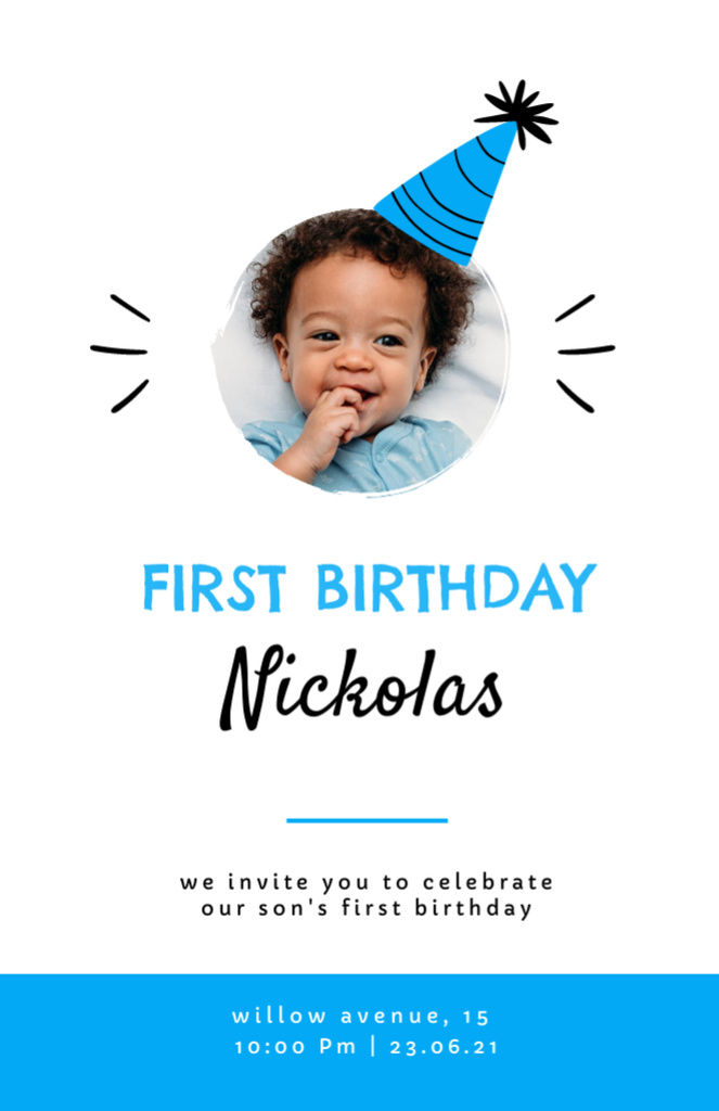 Template di design First Birthday of Little Boy Announcement Invitation 5.5x8.5in