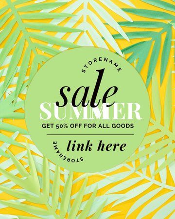 Plantilla de diseño de Summer Sale Ad on Green and Yellow Tropical Pattern Instagram Post Vertical 