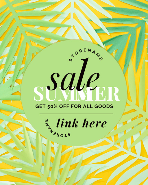 Summer Sale Ad on Green and Yellow Tropical Pattern Instagram Post Vertical Modelo de Design