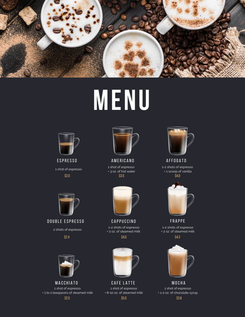 Coffee Drinks In Glass Cups Variety Menu 8.5x11in Design Template