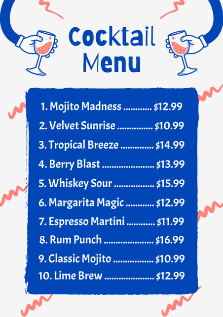 Cocktails Price-List on Simple Blue Menu Design Template