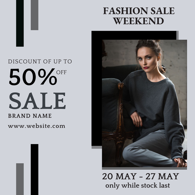 Fashion Ad with Girl in Grey Clothes Instagram tervezősablon