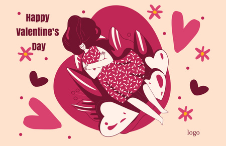 Plantilla de diseño de Valentine's Day Greeting with Woman and Bright Pink Hearts Thank You Card 5.5x8.5in 