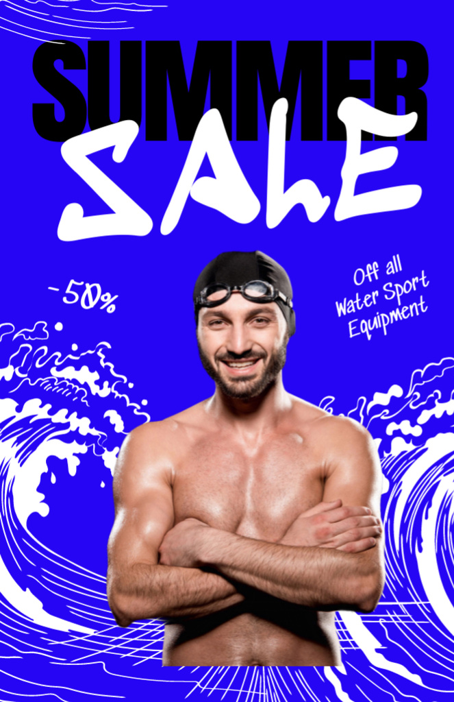 Szablon projektu Water Sport Equipment Summer Sale Ad with Man wearing Goggles Flyer 5.5x8.5in