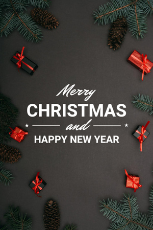 Christmas And Happy New Year  Wishes In Black Postcard 4x6in Vertical Design Template