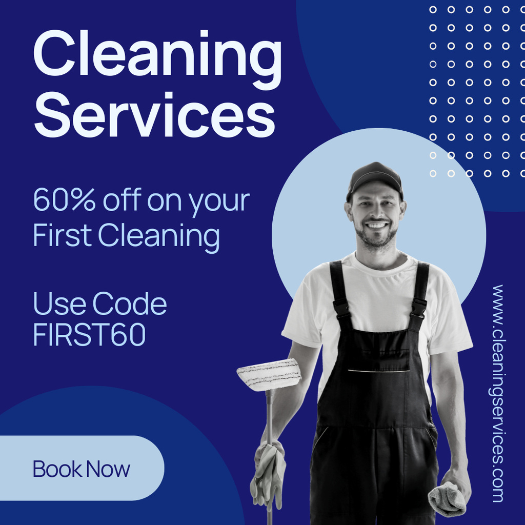 Cleaning Services Offer with Smiling Cleaner in Uniform Instagram AD Modelo de Design