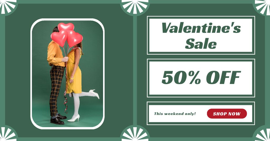 Valentine's Day Sale with Couple in Love on Green Facebook AD Design Template