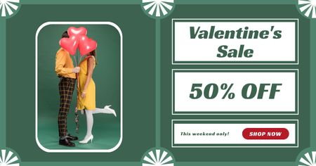 Valentine's Day Sale with Couple in Love on Green Facebook AD Design Template