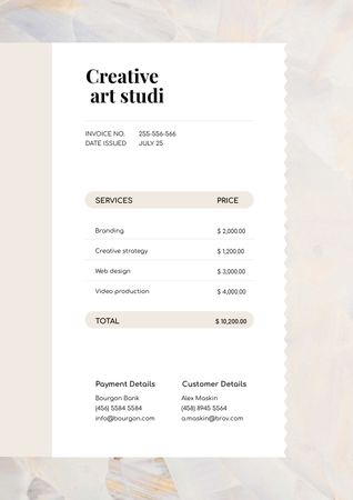 Creative Art Studio Services Invoice tervezősablon