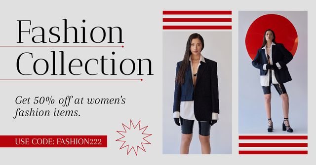 Ontwerpsjabloon van Facebook AD van Fashion Collection Ad with Woman in Elegant Blazer