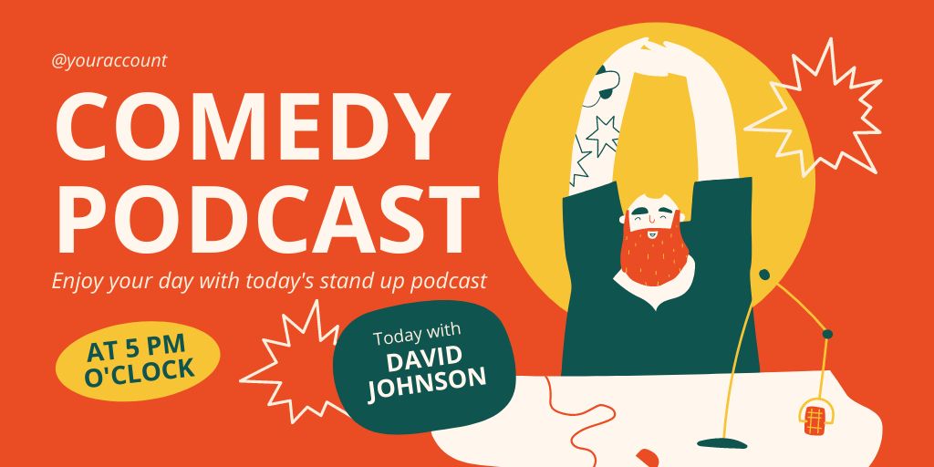 Comedy Podcast Announcement with Cheerful Bearded Man Twitter Šablona návrhu