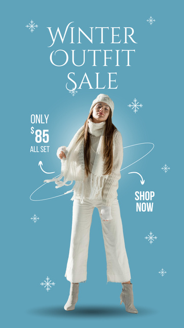 Designvorlage Outfit Winter Sale Announcement with Woman in White für Instagram Story