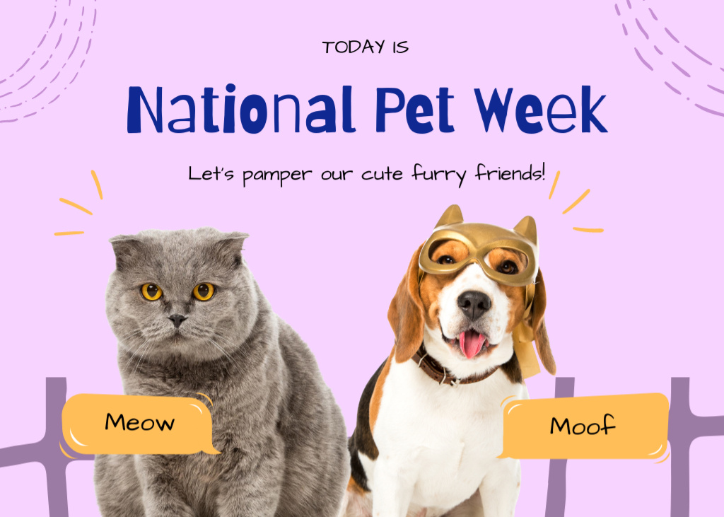 National Pet Week with Adorable Cat and Dog Postcard 5x7in Design Template