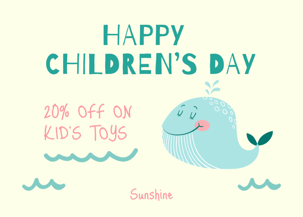 Ontwerpsjabloon van Postcard 5x7in van Cheerful Children's Day Greeting With Toys Sale Offer