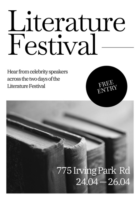 Literature Festival Announcement on Black and White Poster 28x40in Design Template