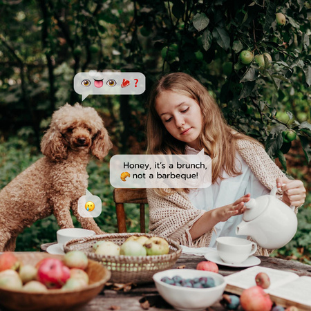 женщина на уютном пикнике с милым псом Instagram – шаблон для дизайна