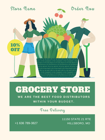 Grocery Store Promotion with Fruit and Vegetable Basket Poster US Design Template