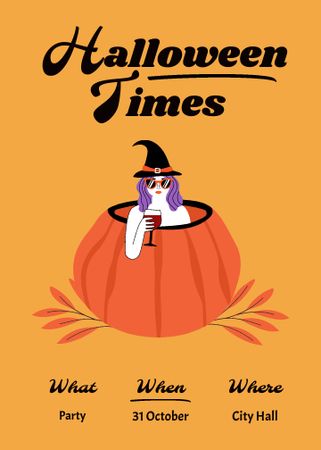 Halloween Celebration Announcement with Witch in Pumpkin Invitation Design Template