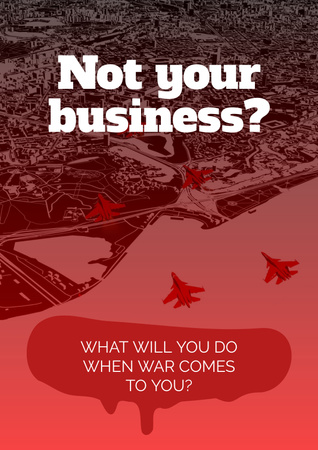 Tudatosság az ukrajnai háborúról pirosban, vadászgépekkel a város felett Poster tervezősablon