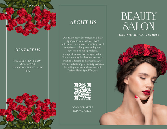 Beauty Salon Ad with Beautiful Woman with Roses Wreath on Head Brochure 8.5x11in Tasarım Şablonu