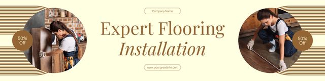 Expert Flooring Installation Services Ad with Woman Worker Twitter tervezősablon