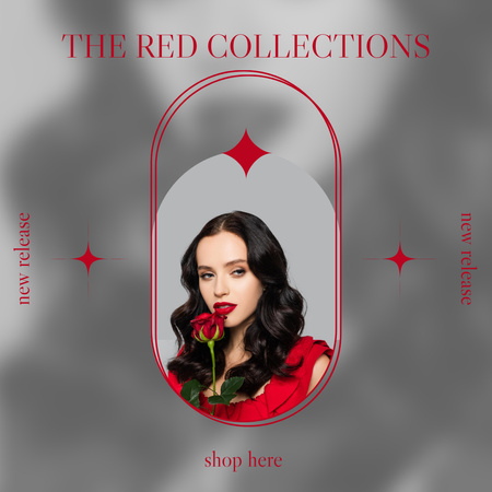 Sale Announcement of New Collection with Attractive Brunette with Red Rose Instagram Design Template