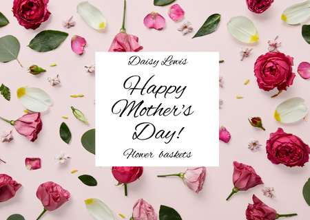 Χαιρετισμός διακοπών για τη γιορτή της μητέρας με λουλούδια σε ροζ Postcard Πρότυπο σχεδίασης