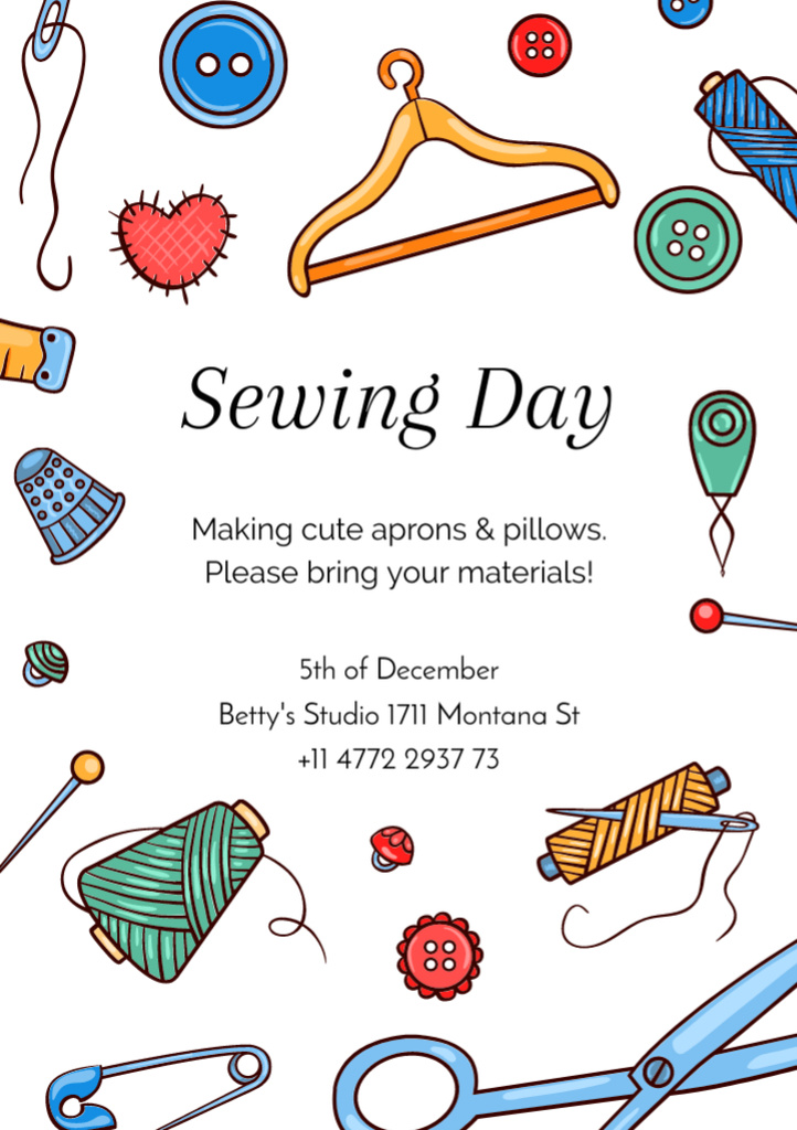 Sewing Day Event Announcement with Needlework Tools Flyer A7 tervezősablon