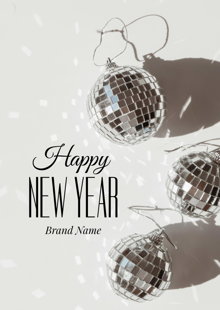 New Year Greeting with Cute Disco Balls Postcard A6 Vertical Design Template