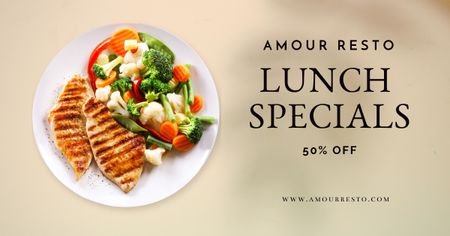Plantilla de diseño de Beautiful Plate with Grilled Steak and Delicious Vegetables Facebook AD 
