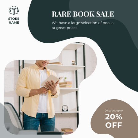 Book Sale Ad with Handsome Man Reading Instagram Design Template
